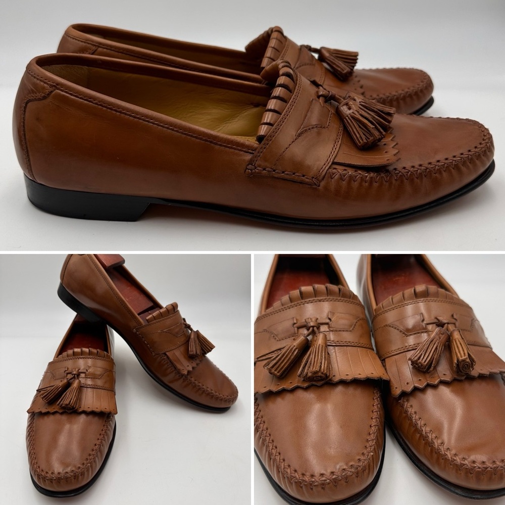 JOHNSTON MURPHY LEATHER TASSEL KILTIE LOAFERS Sz 12 COGNAC HANDSEWN MOC TOE SHOE